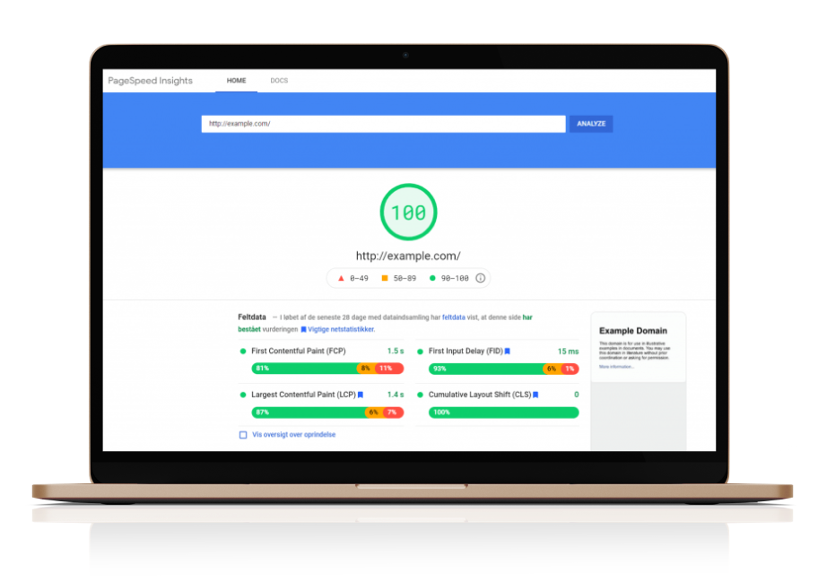 Raport wydajności strony z wynikiem i metrykami Core Web Vitals