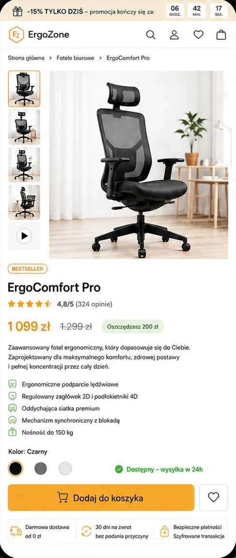 Karta produktu po optymalizacji: galeria ze zdjęciem w aranżacji, ocena 4,8, cena z oszczędnością, lista korzyści, dostępność i pasek zaufania pod przyciskiem.