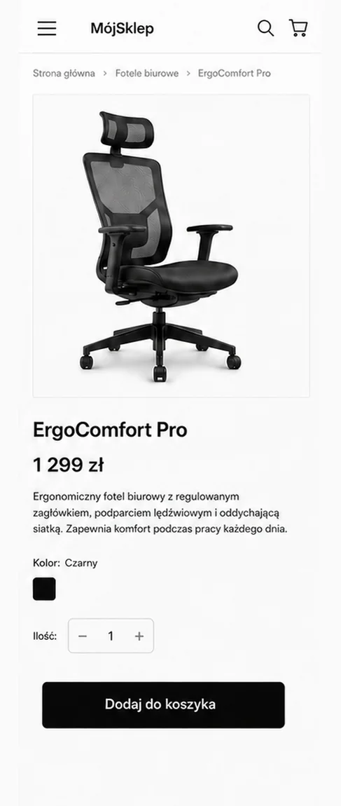 Karta produktu przed optymalizacją: jedno zdjęcie na białym tle, sama cena, opis i czarny przycisk.